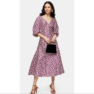 Topshop Multi Daisy Print Puff Midi Dress